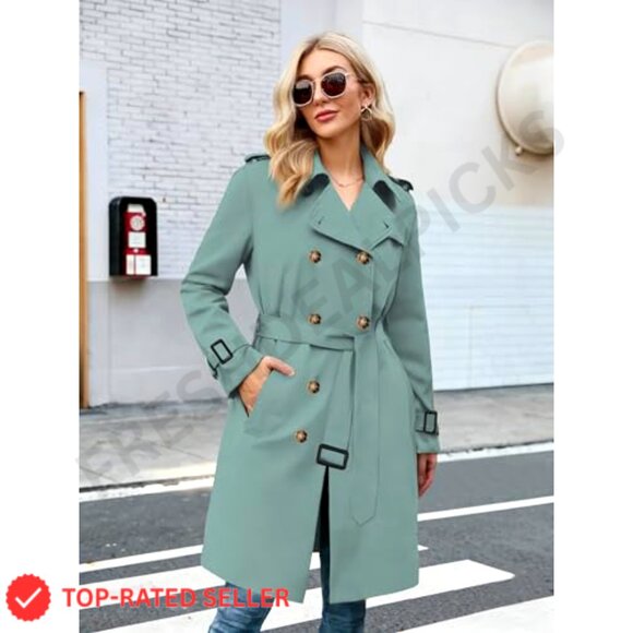 Women's Double Breasted Waterproof Trench Coat Classic Lapel Overcoat with Belt - Picture 2 of 7